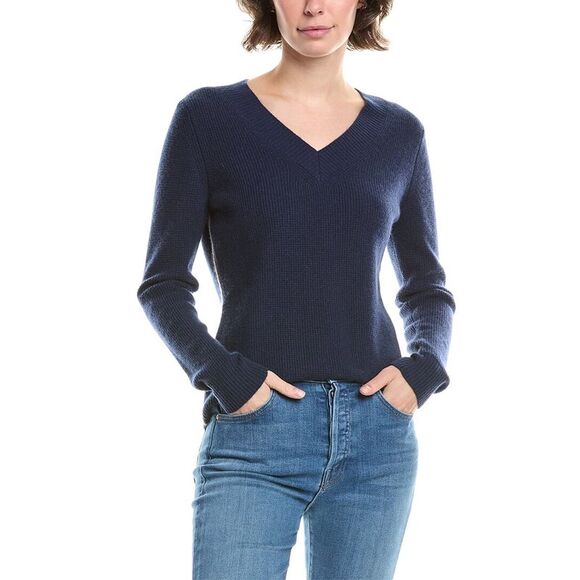 Forte Cashmere Womens  Thermal Piped V-Neck Cashmere Sweater, Blue - Picture 1 of 3